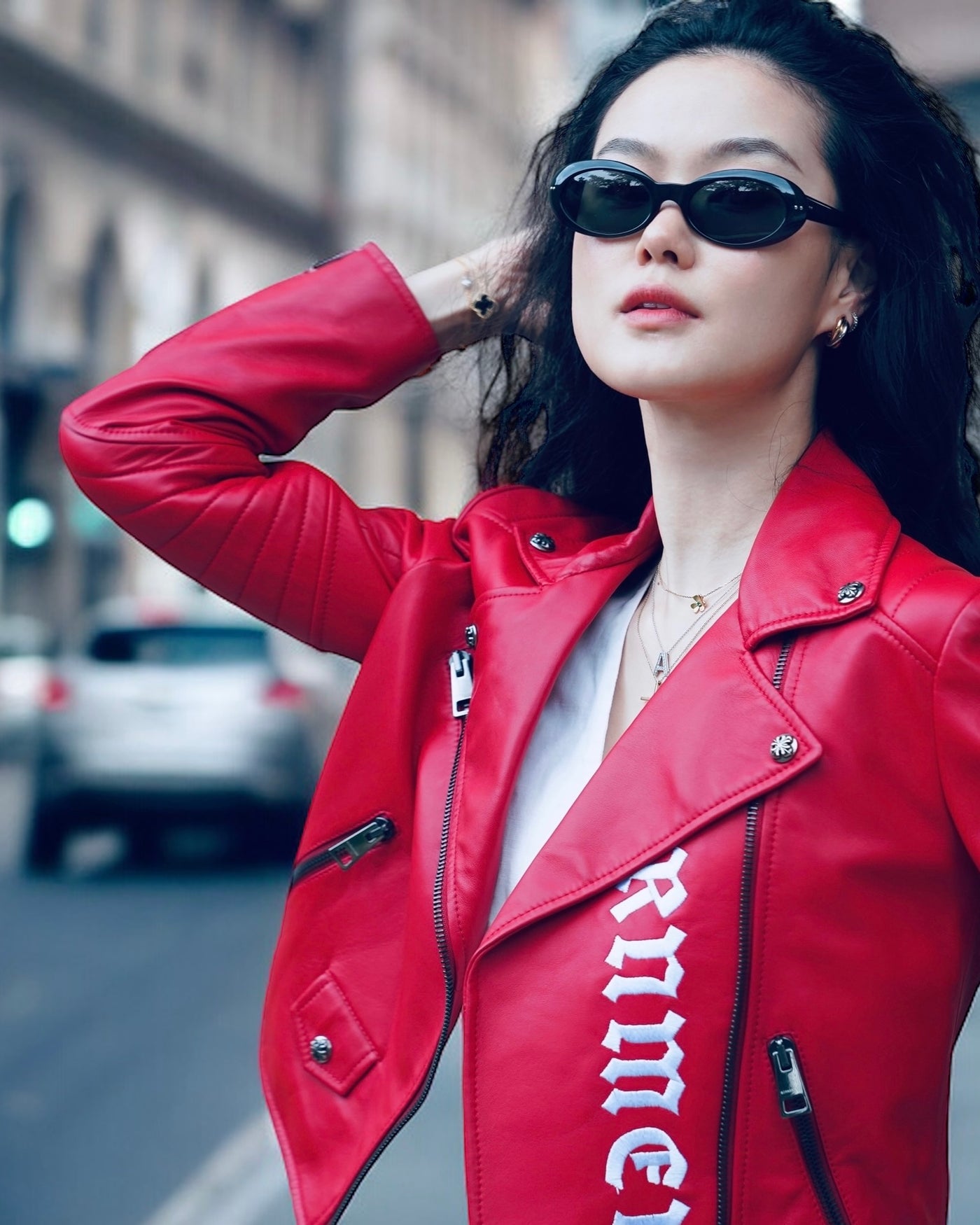 RED BIKER LAMB JACKET