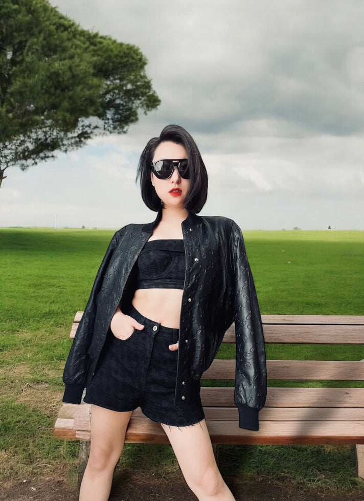 BLACK PATTERN DENIM TOP