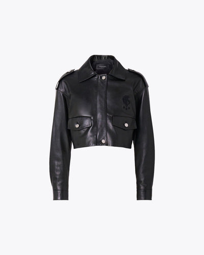 Black lamb leather jacket with shirt collar