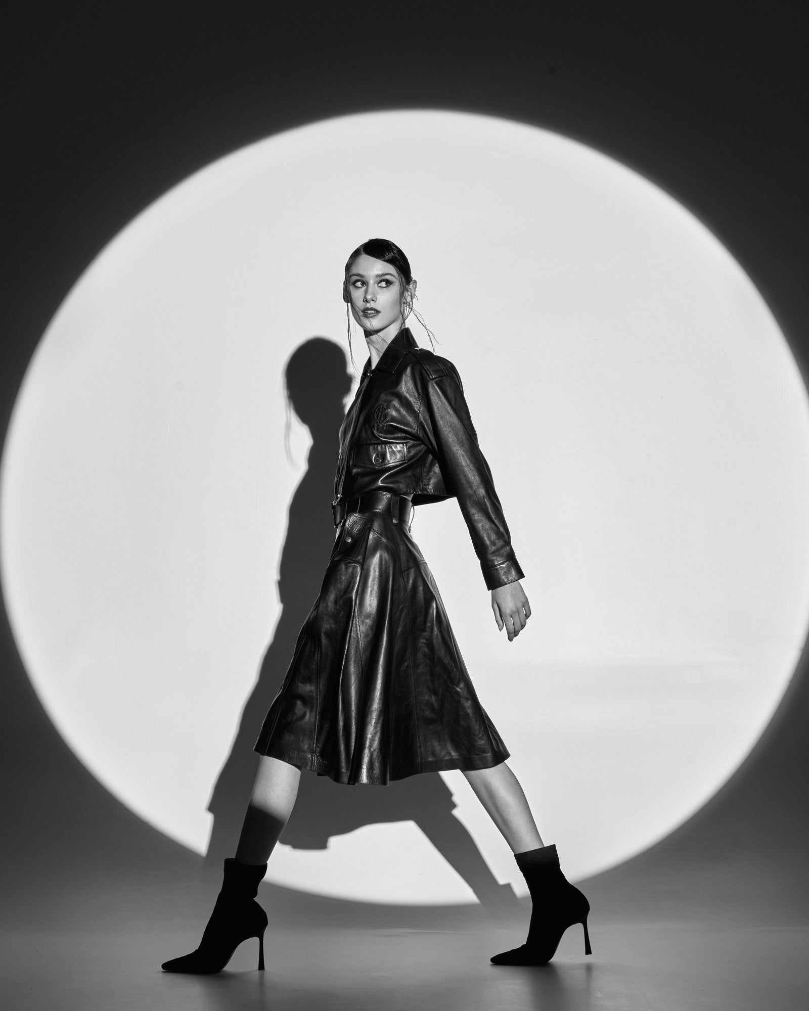 Black lamb leather A-line skirt