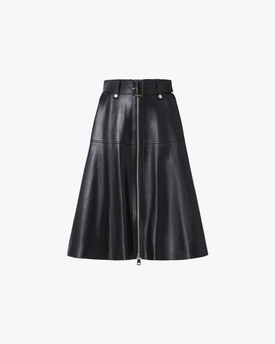 Black lamb leather A-line skirt