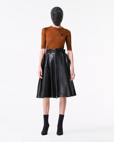 Black lamb leather A-line skirt