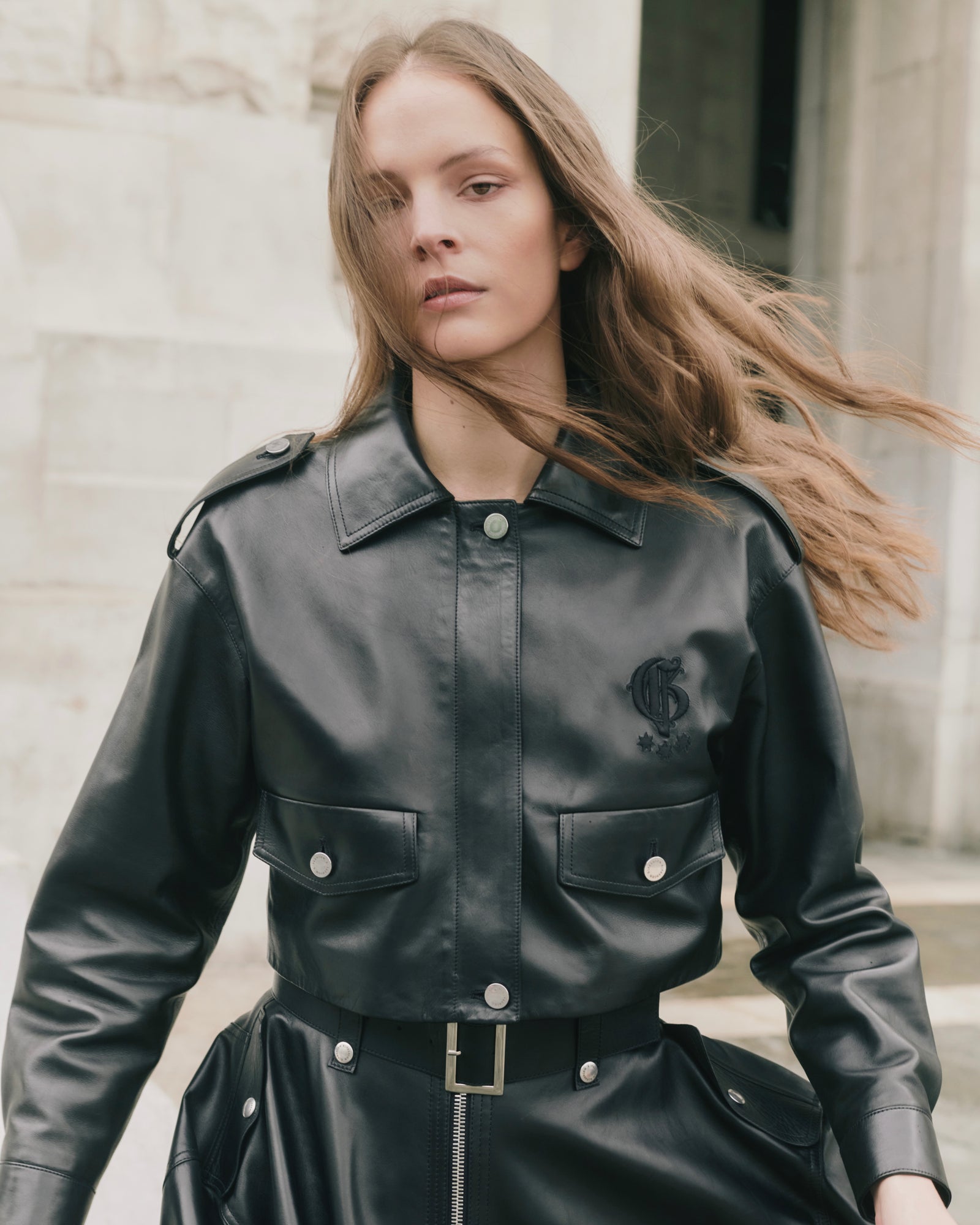 Black lamb leather A-line skirt