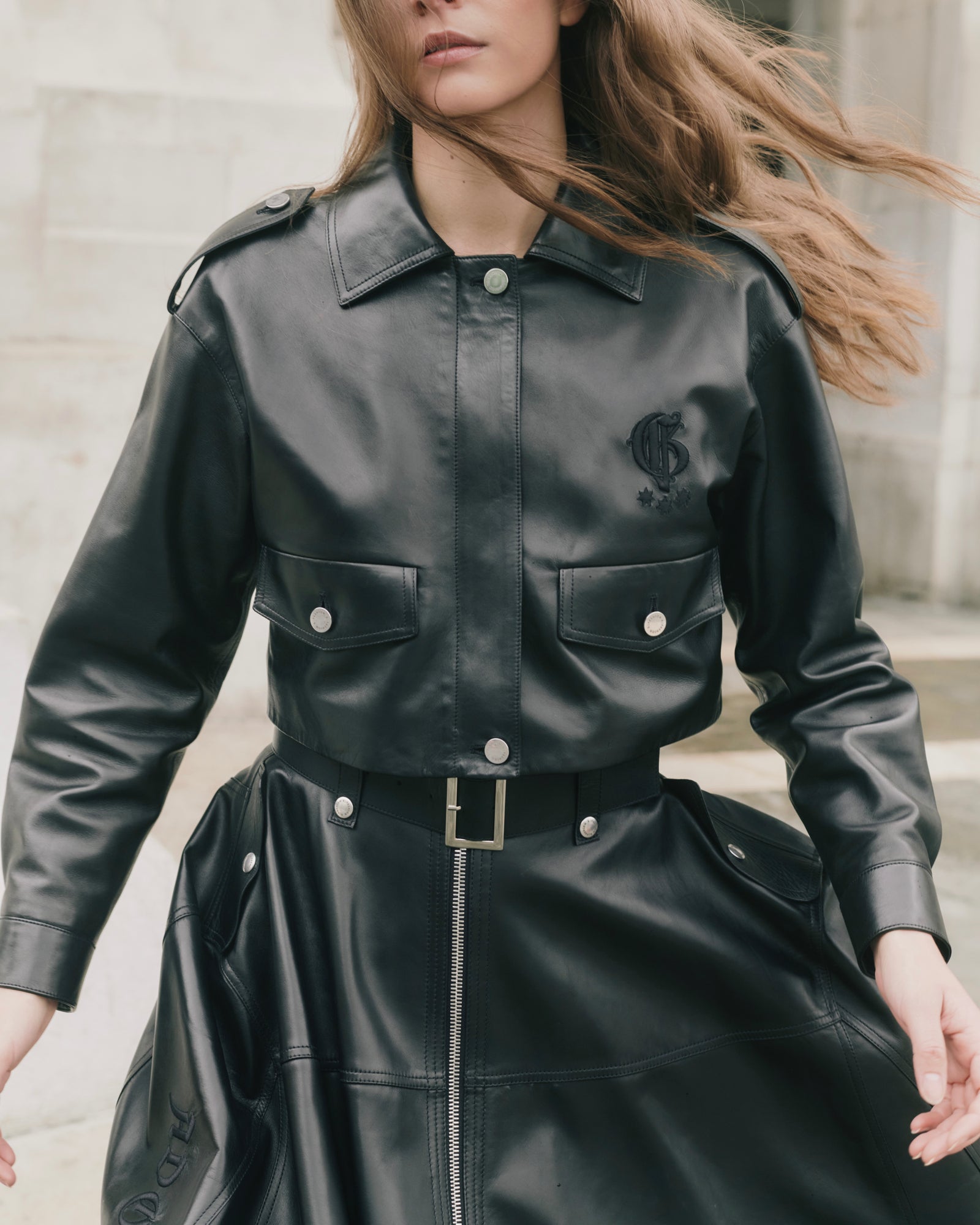 Black lamb leather A-line skirt