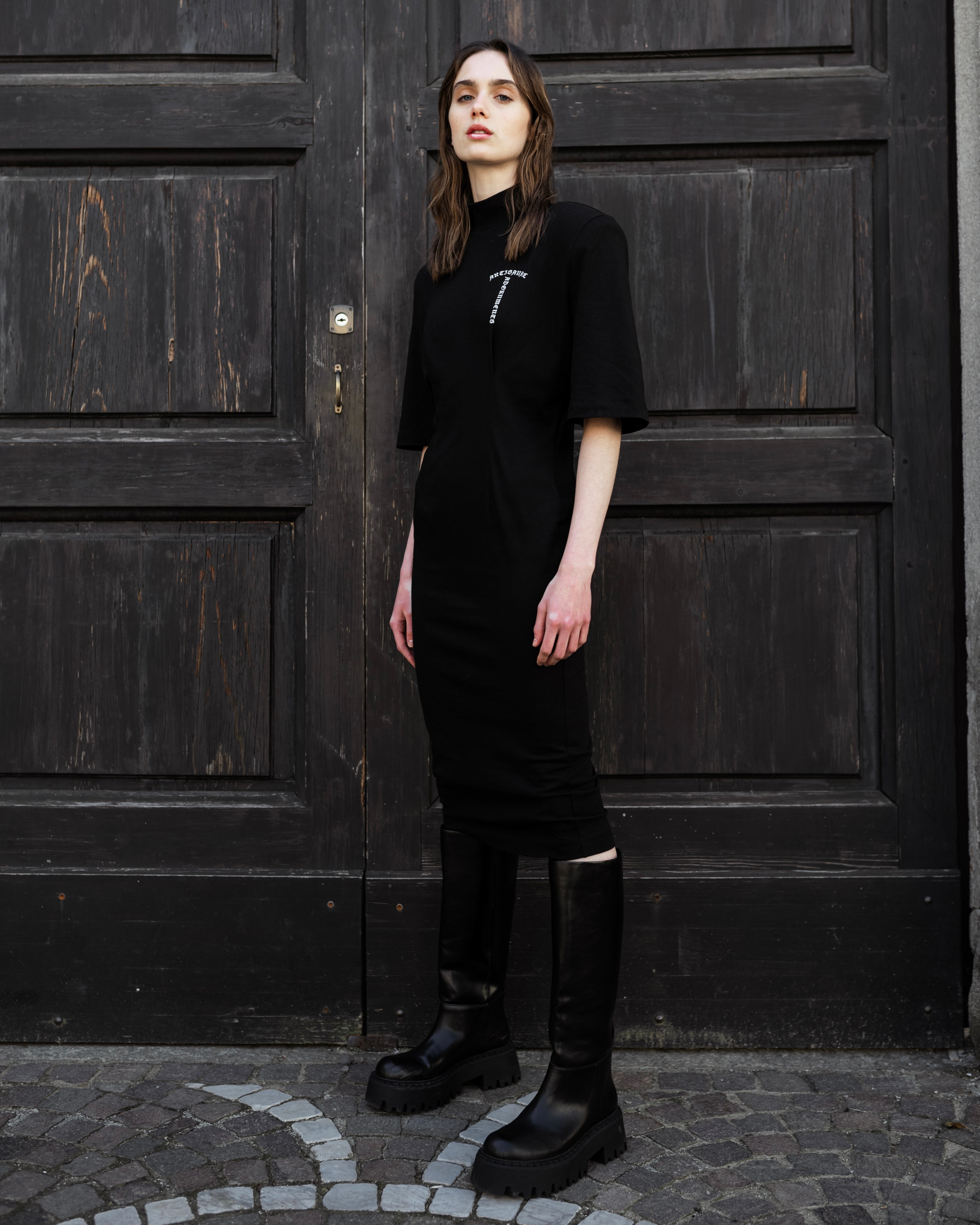 Black midi dress with flared sleeves