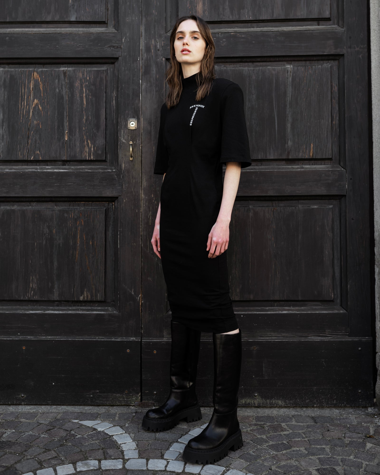 Black midi dress with flared sleeves
