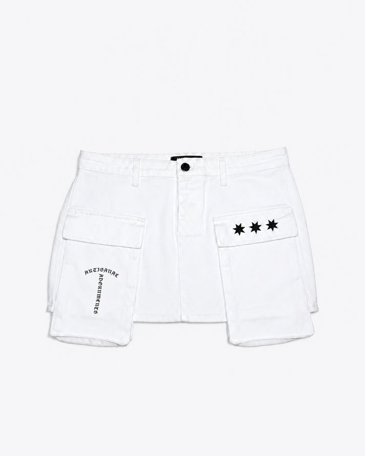 White Denim Mini Cargo Skirt