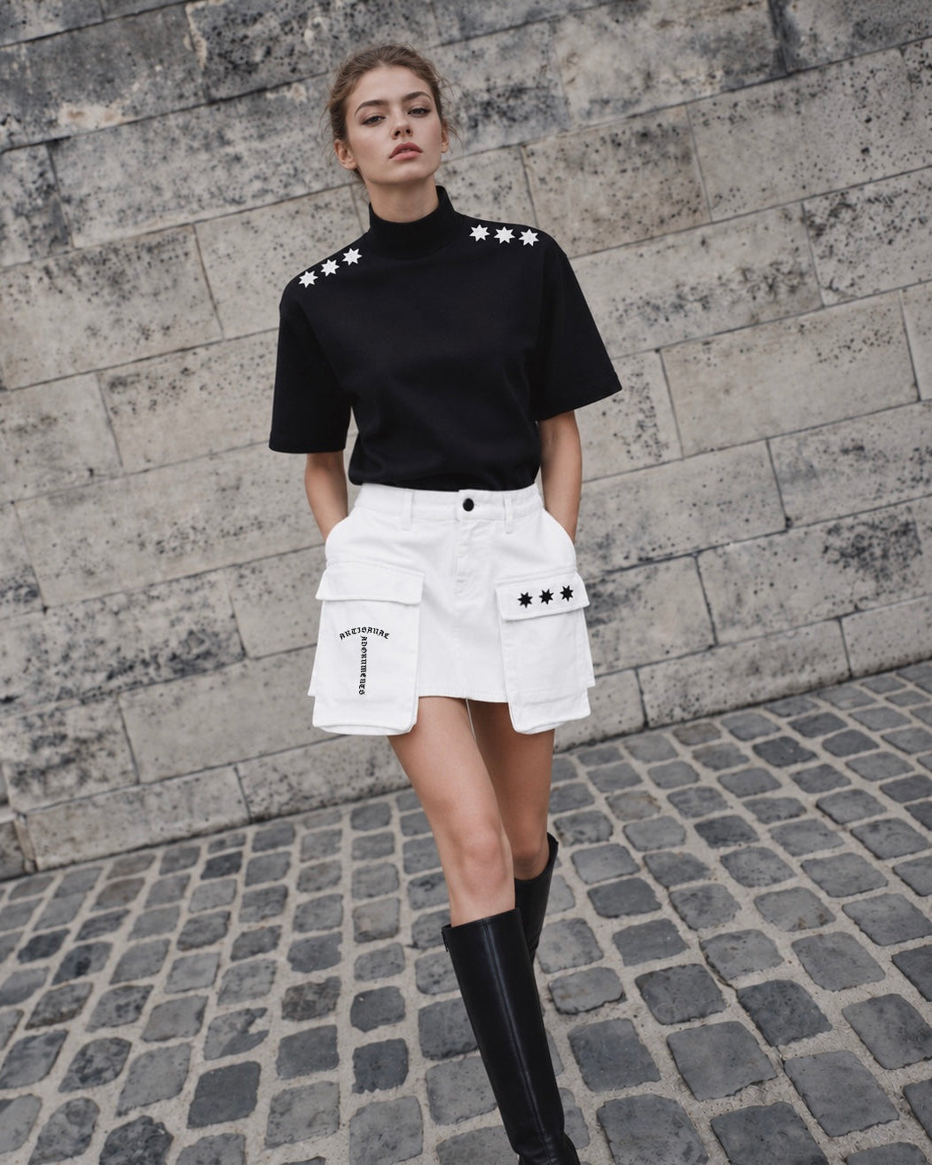 White Denim Mini Cargo Skirt
