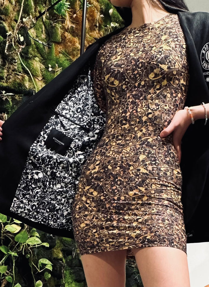 YELLOW SPIRAL BODYCON MINI-DRESS