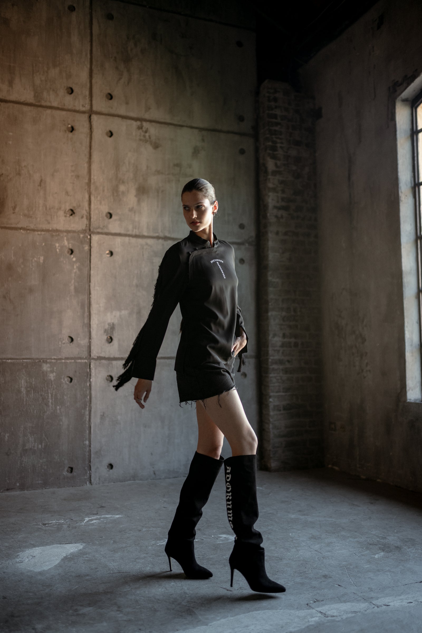 Black Mandarin Collar Long Sleeve Shirt with Archive Logo