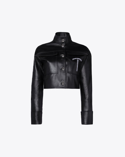 BLACK CROPPED LEATHER JACKET WITH POCKETS