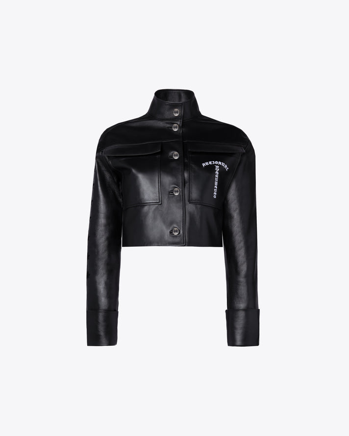 BLACK CROPPED LEATHER JACKET WITH POCKETS