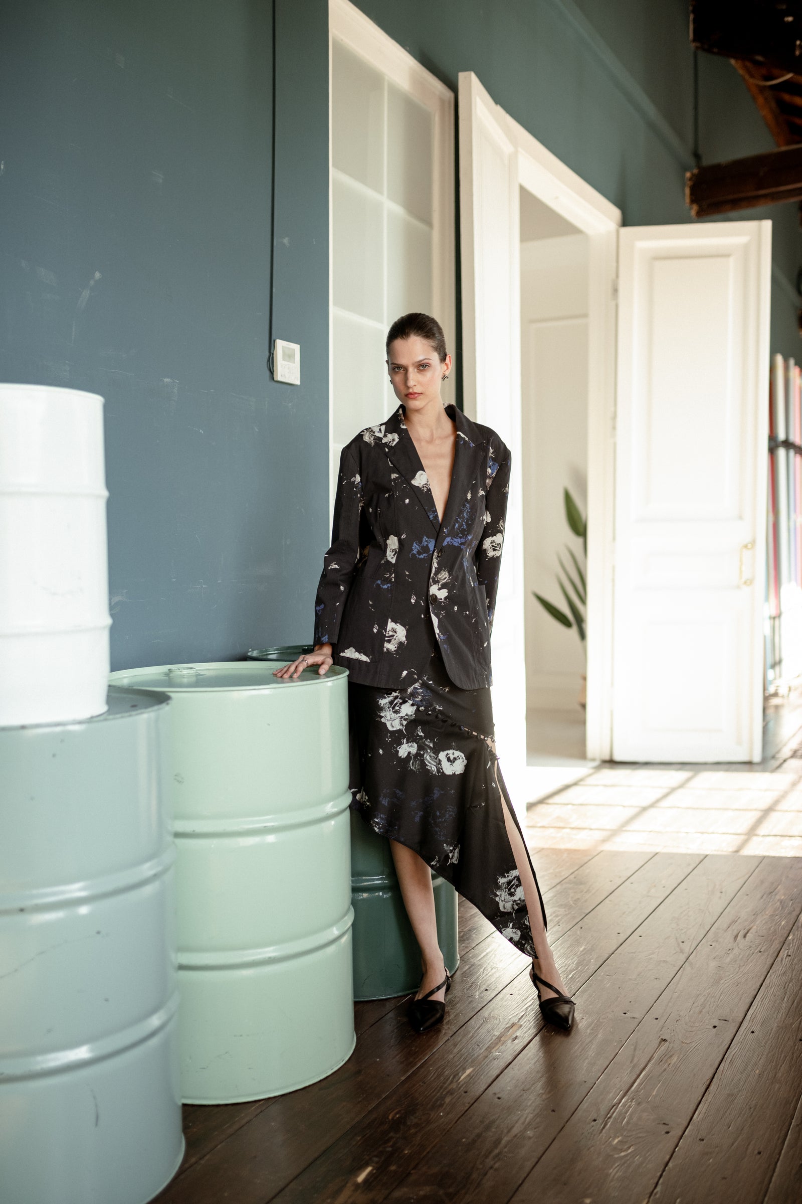 午夜花园不对称丝绸裙