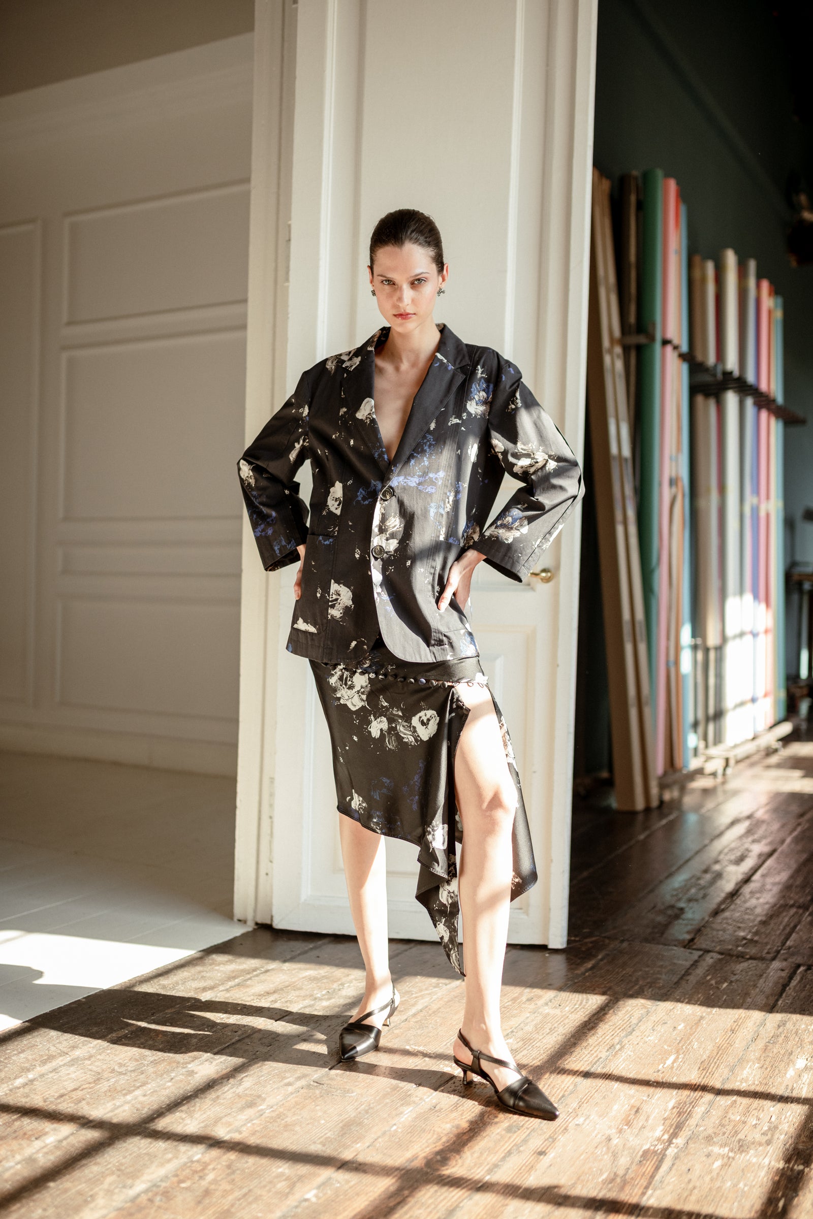 午夜花园不对称丝绸裙