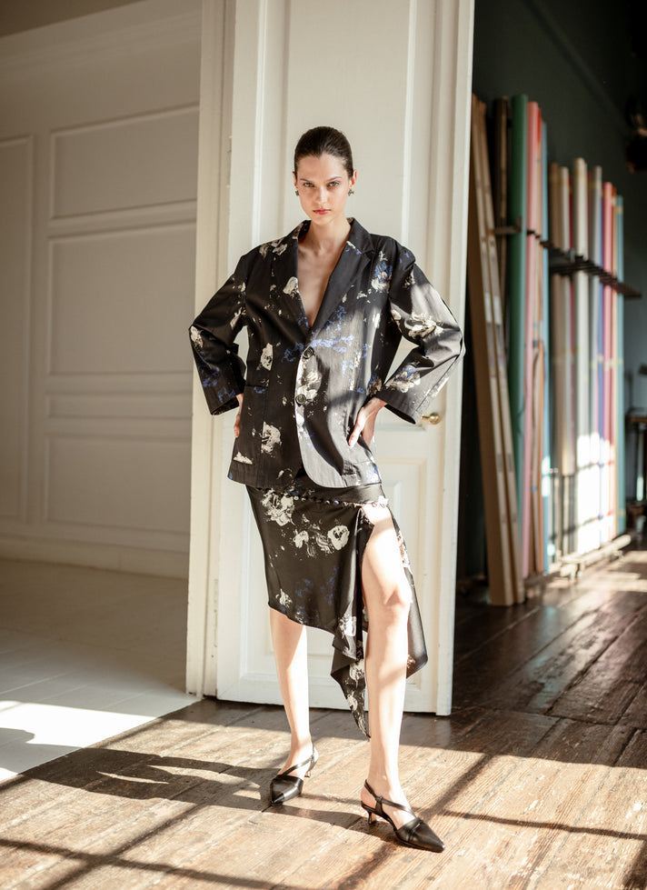 ASYMMETRIC MIDNIGHT GARDEN SILK SKIRT