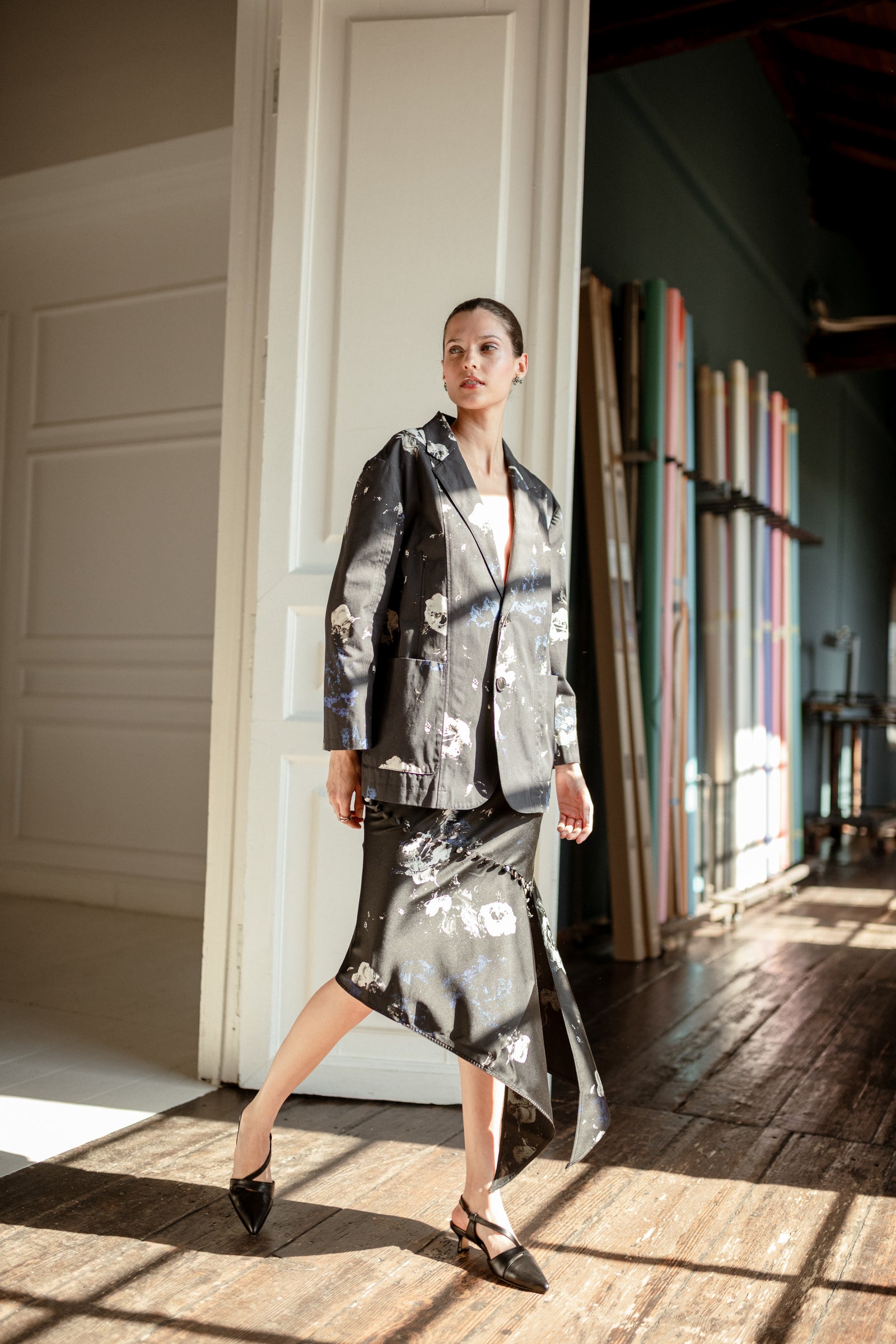ASYMMETRIC MIDNIGHT GARDEN SILK SKIRT