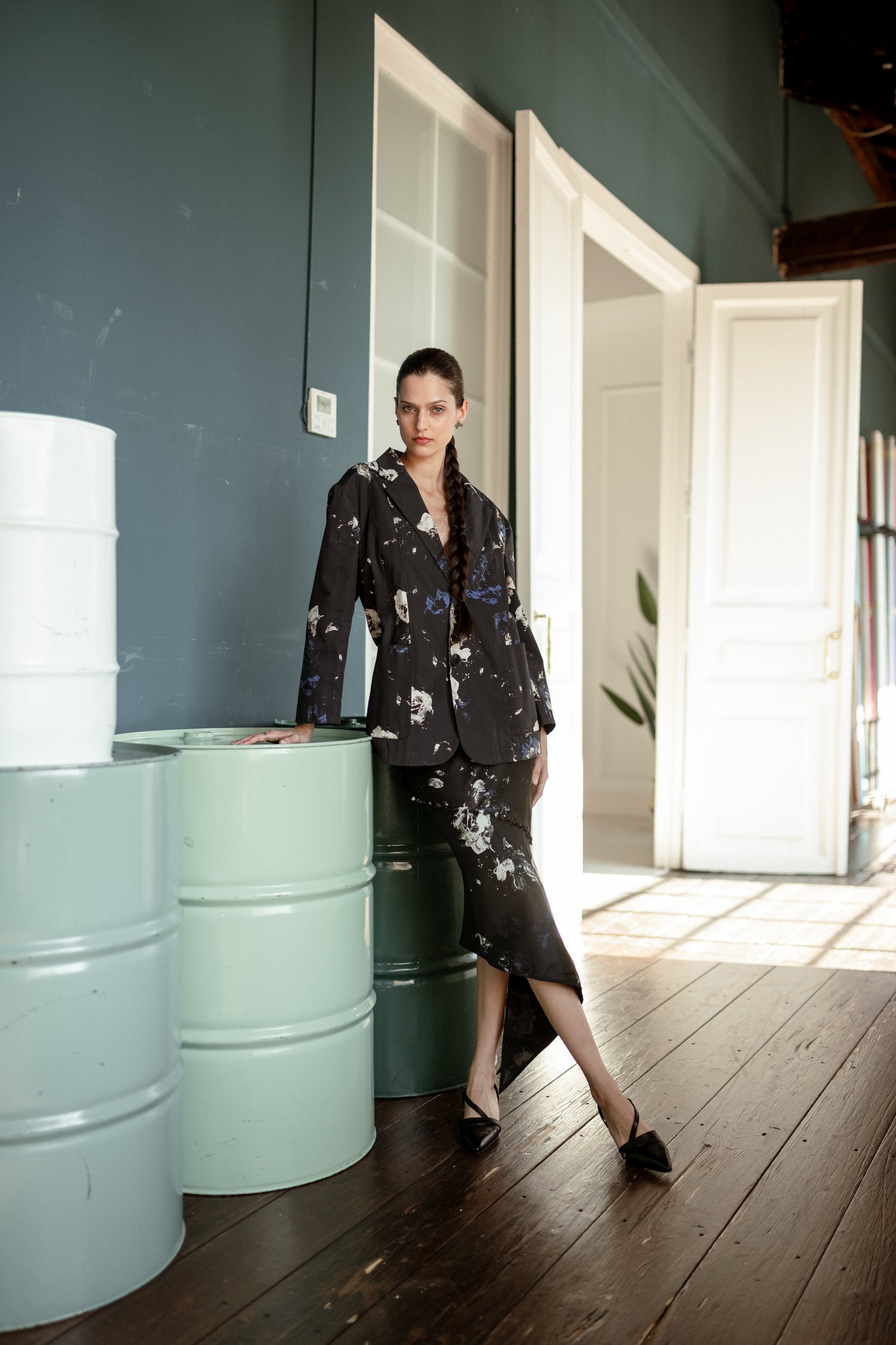 ASYMMETRIC MIDNIGHT GARDEN SILK SKIRT