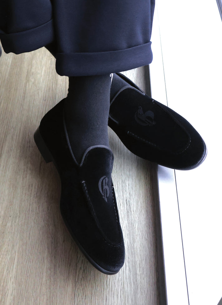The Milanese Black Velvet Loafers with Logo
