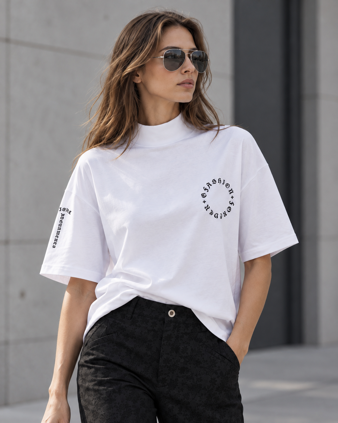 White turtleneck t-shirt with logo