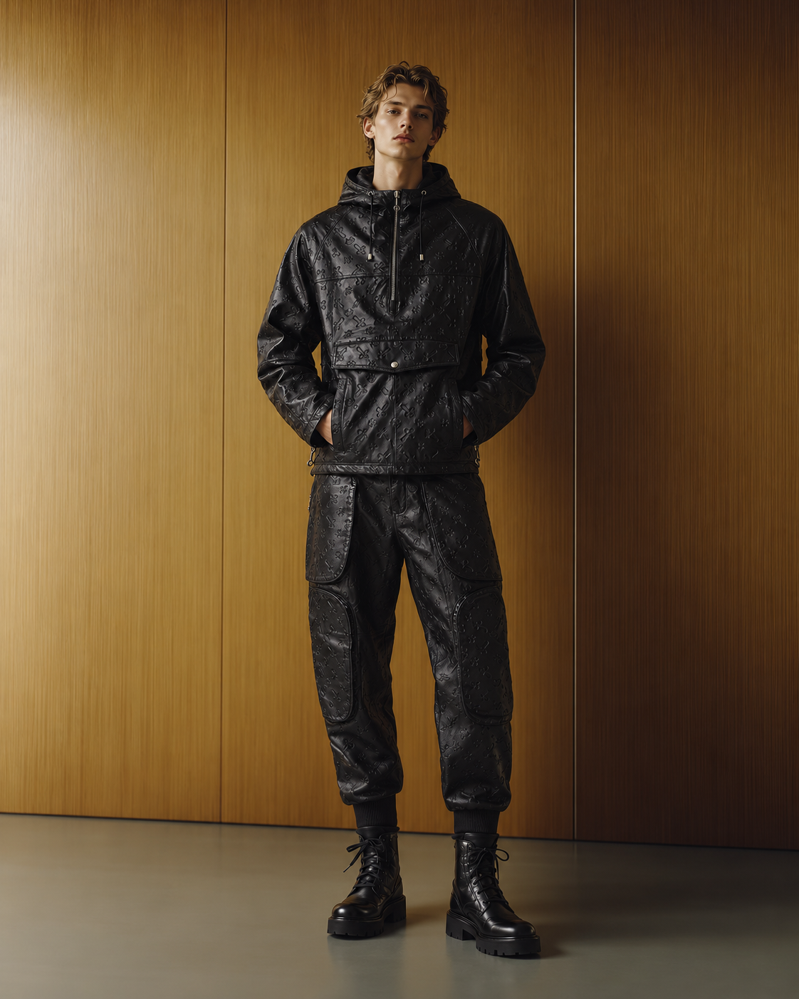 BLACK LEATHER HOODED PADDED JACKET