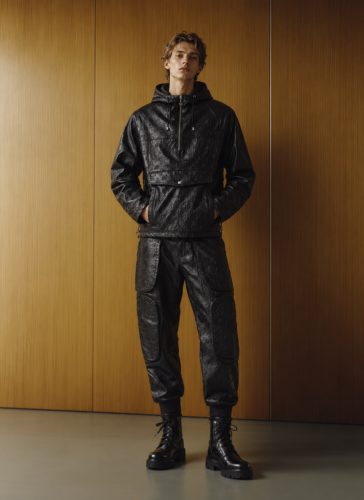 BLACK LEATHER HOODED PADDED JACKET