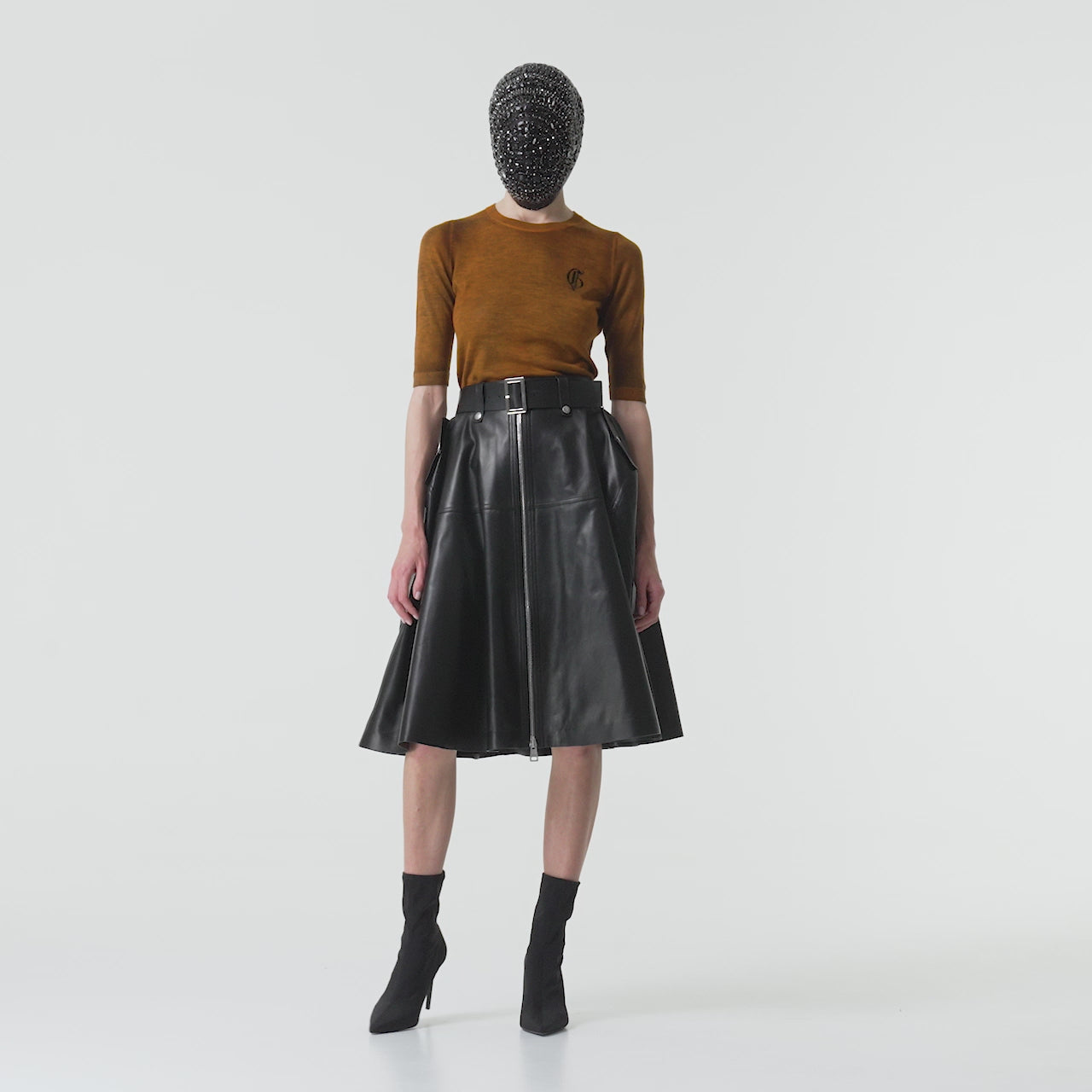 Black lamb leather A-line skirt