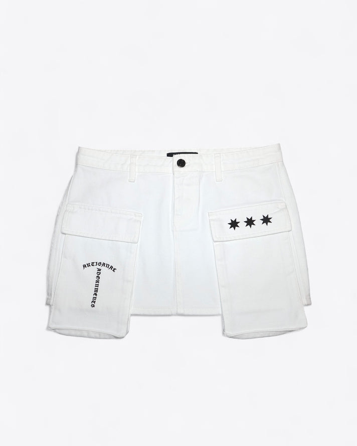 White Denim Mini Cargo Skirt