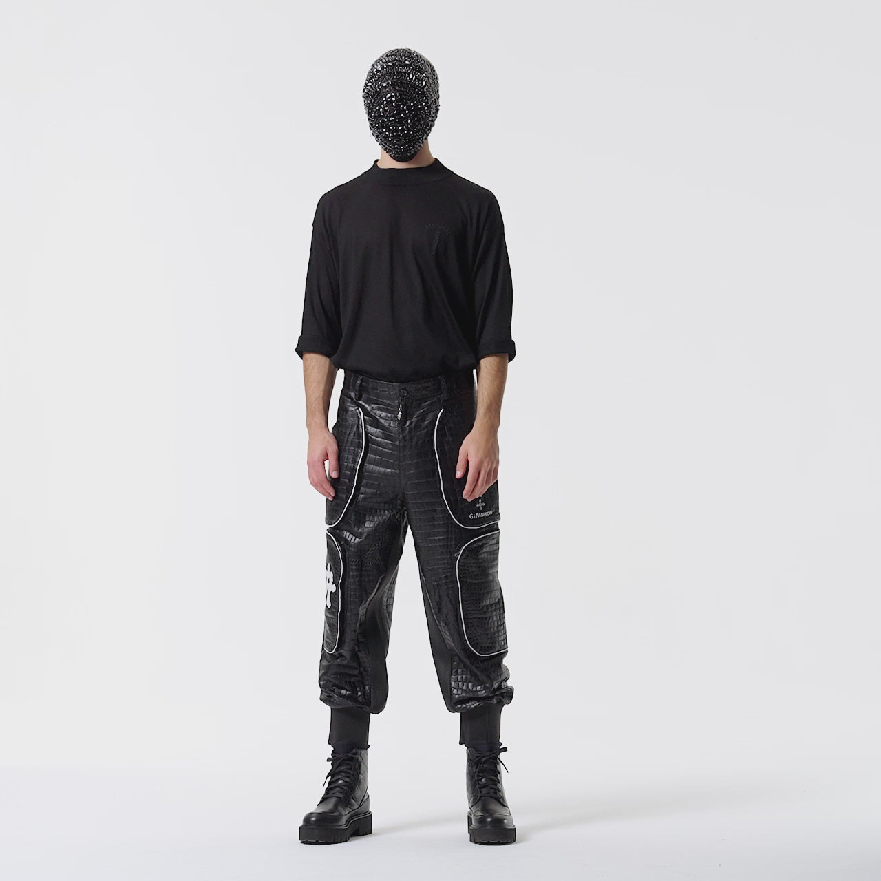 BLACK CROCODILE LEATHER PANTS