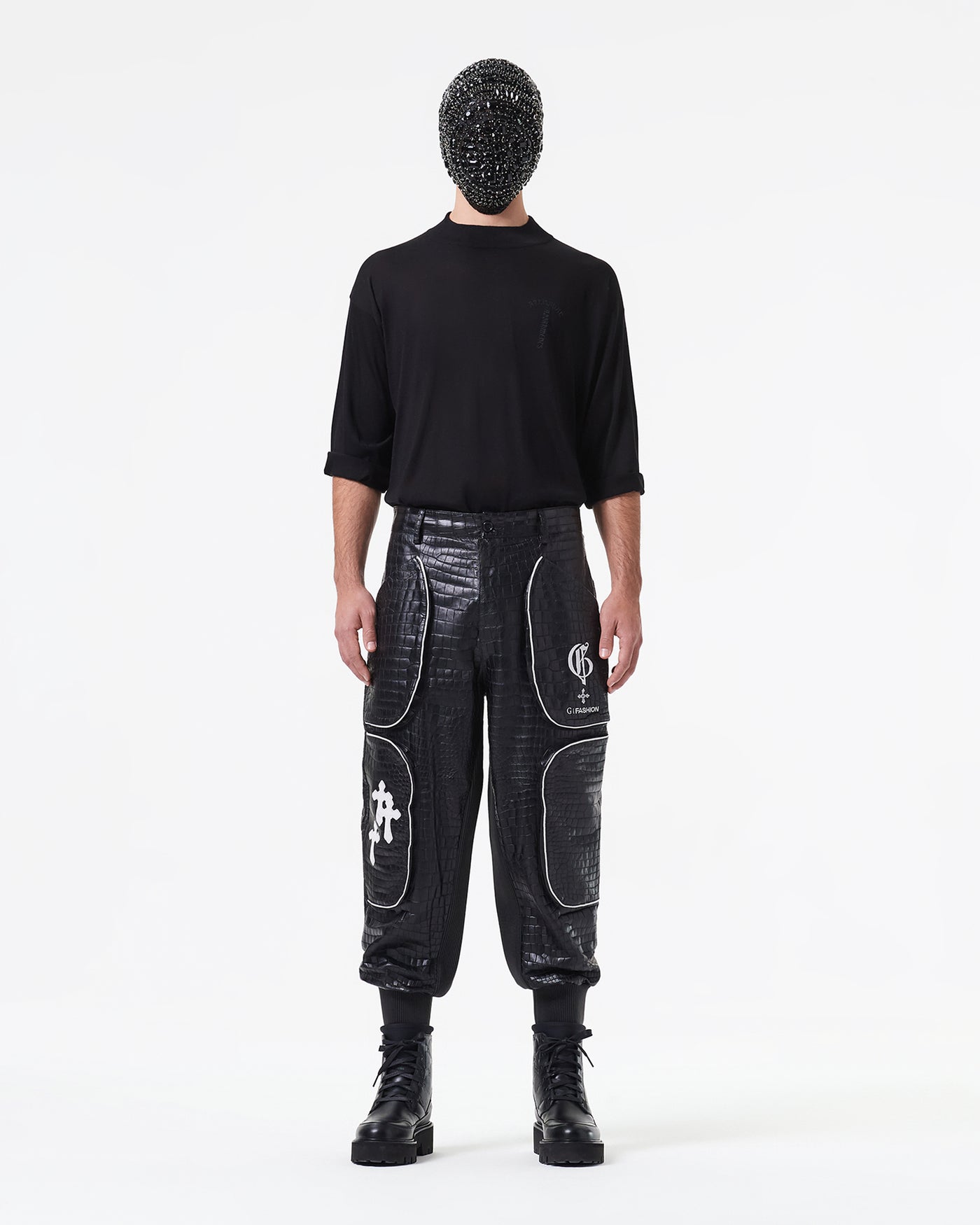 BLACK CROCODILE LEATHER PANTS