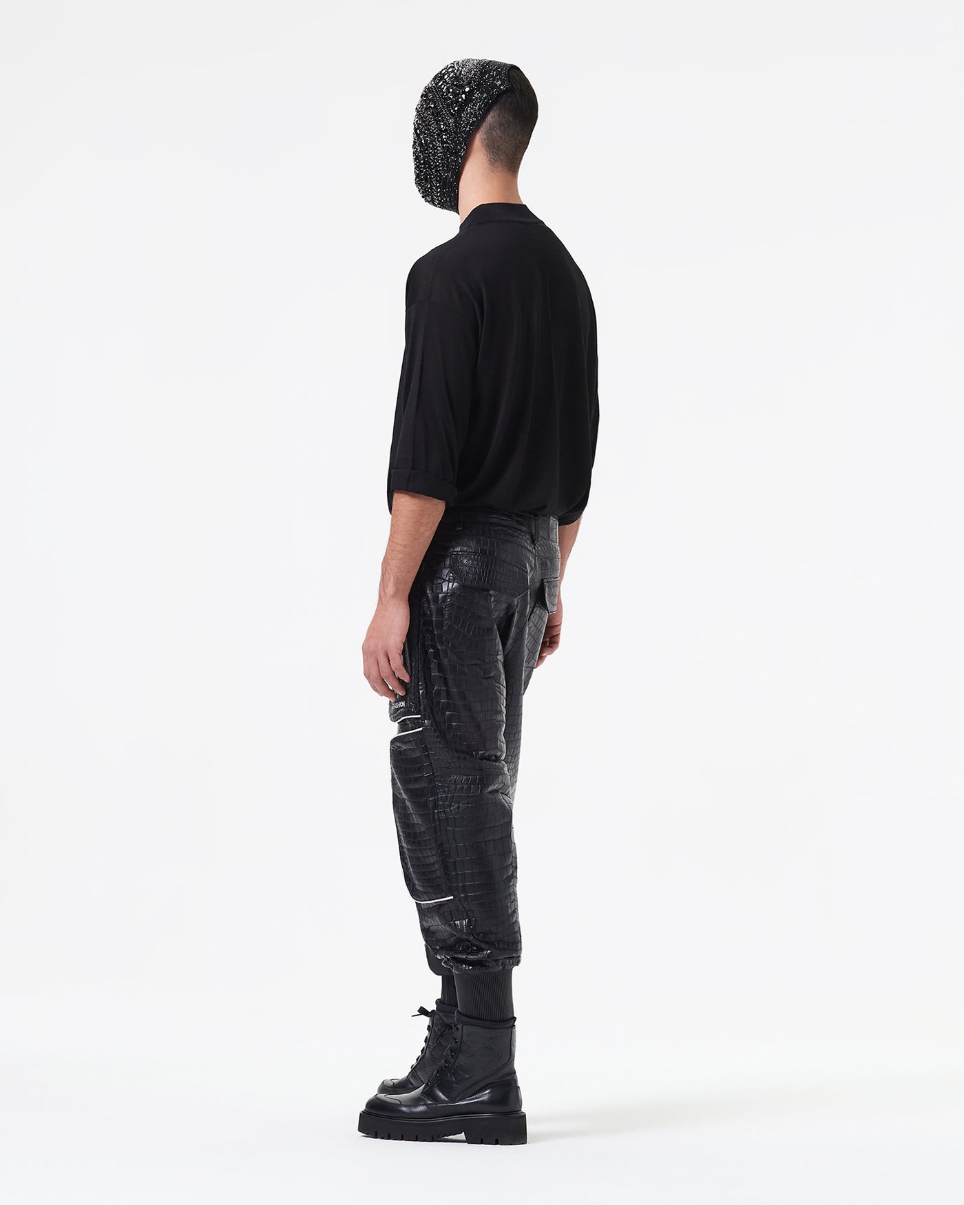 BLACK CROCODILE LEATHER PANTS