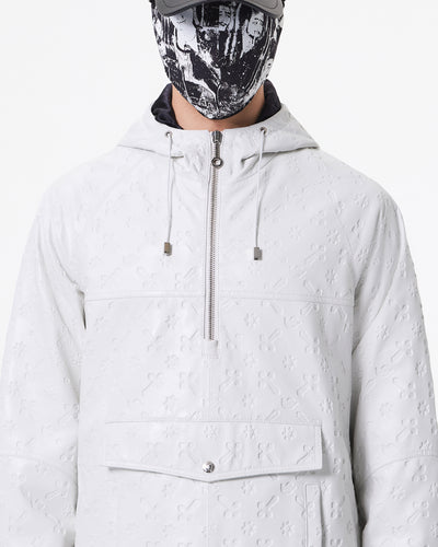 WHITE LEATHER HOODED PADDED JACKET