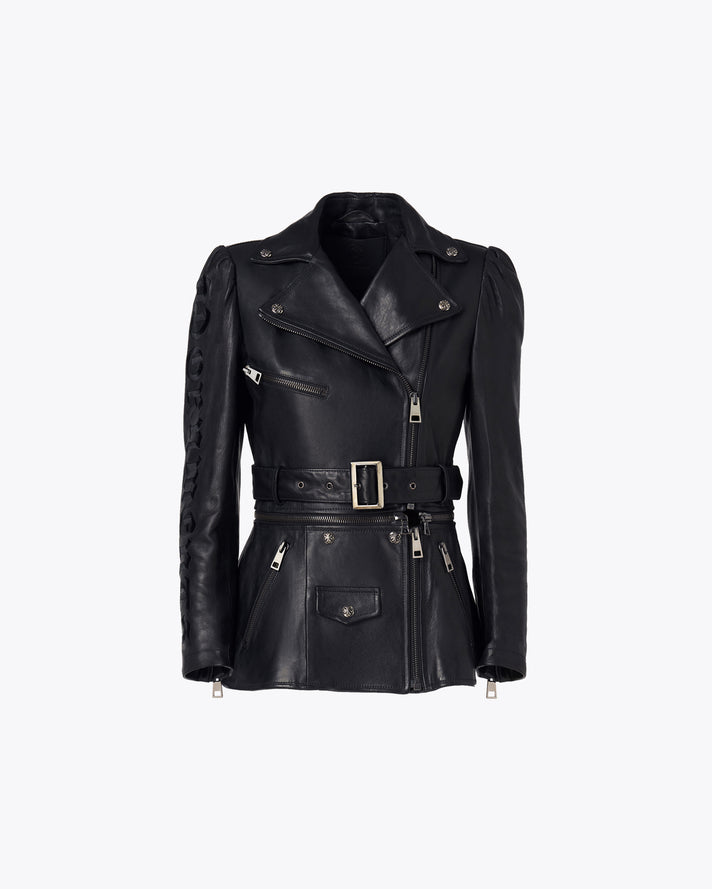 Black fully lined leather jacket with belt