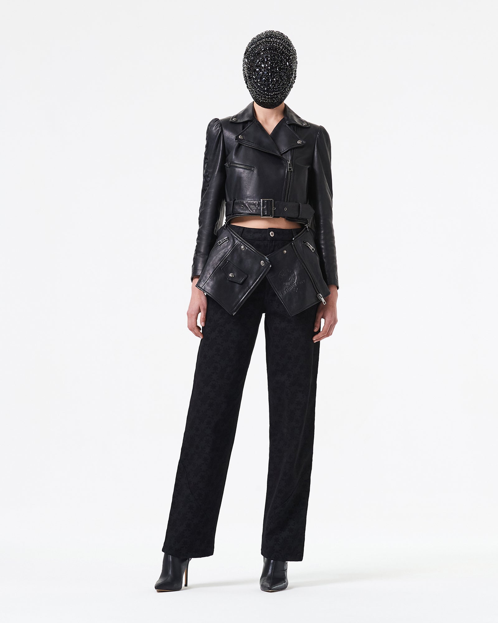 黑色束腰皮夹克