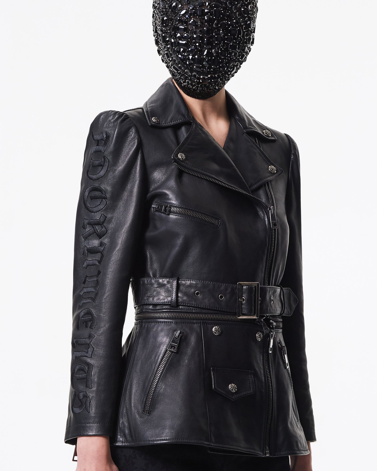 黑色束腰皮夹克